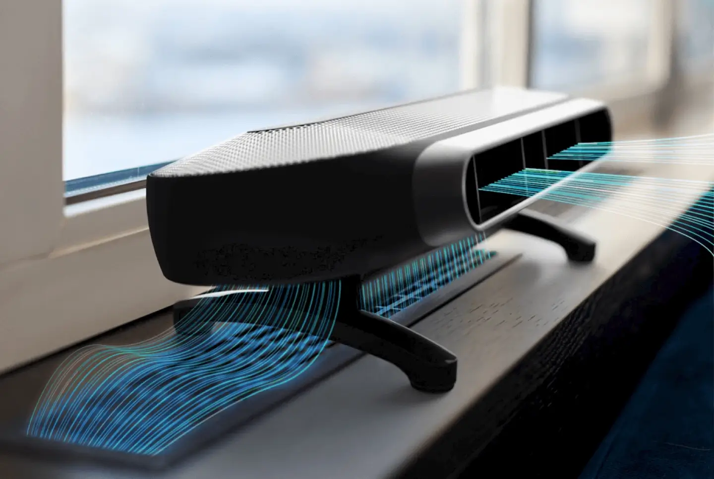 5 Airflow Settings Image of AXL fan with blue lines coming out to show airflow settings