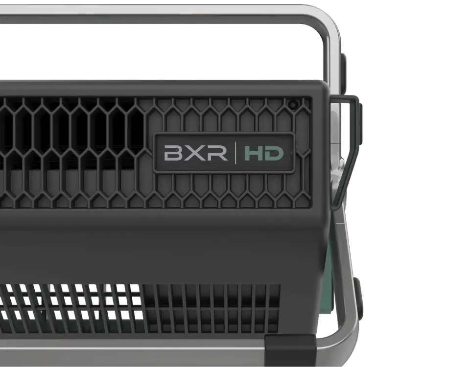 BXR HD Closeup of BXR HD back panel, showing off the BXR HD logo