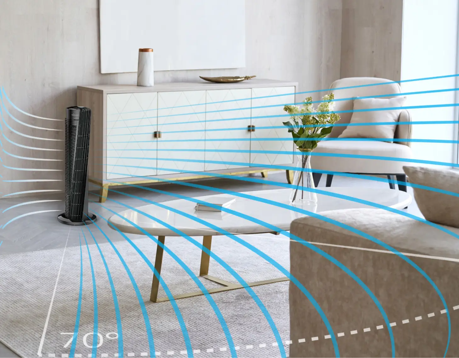 OSC54 V flow An image showing the OSC54 tower fan's V flow. OSC54 is in a beige room with a low cabinet, a cream chair and a white table with flowers on it. There are white and blue waves along with a dotted curved line that says 70 degrees to show the flow of the oscillation.