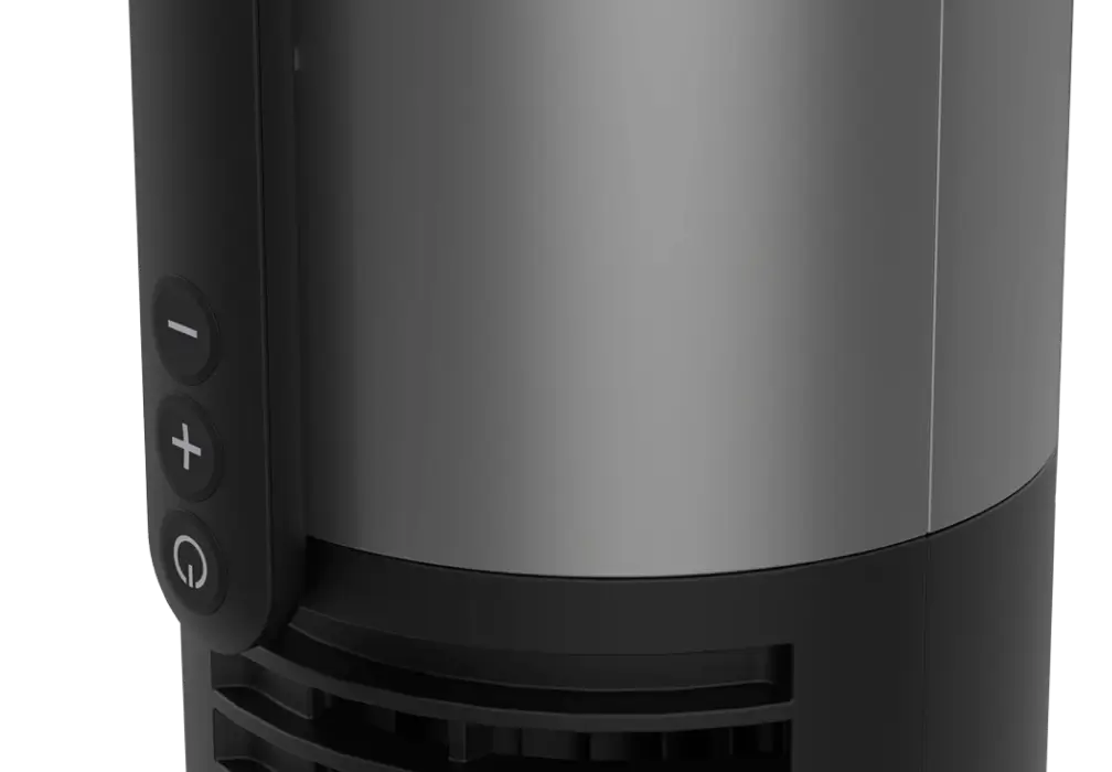 airbar magnetic remote attaches tower fan Closeup of airbar's magnetic remote attached to tower fan