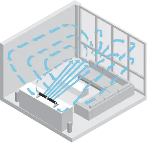 Airbar 4 Horizontal Airflow Graphic In horizontal Airbar position, air circulates throughout the room when you aim the tower fan at a wall, air will bounce off and circulate the whole room