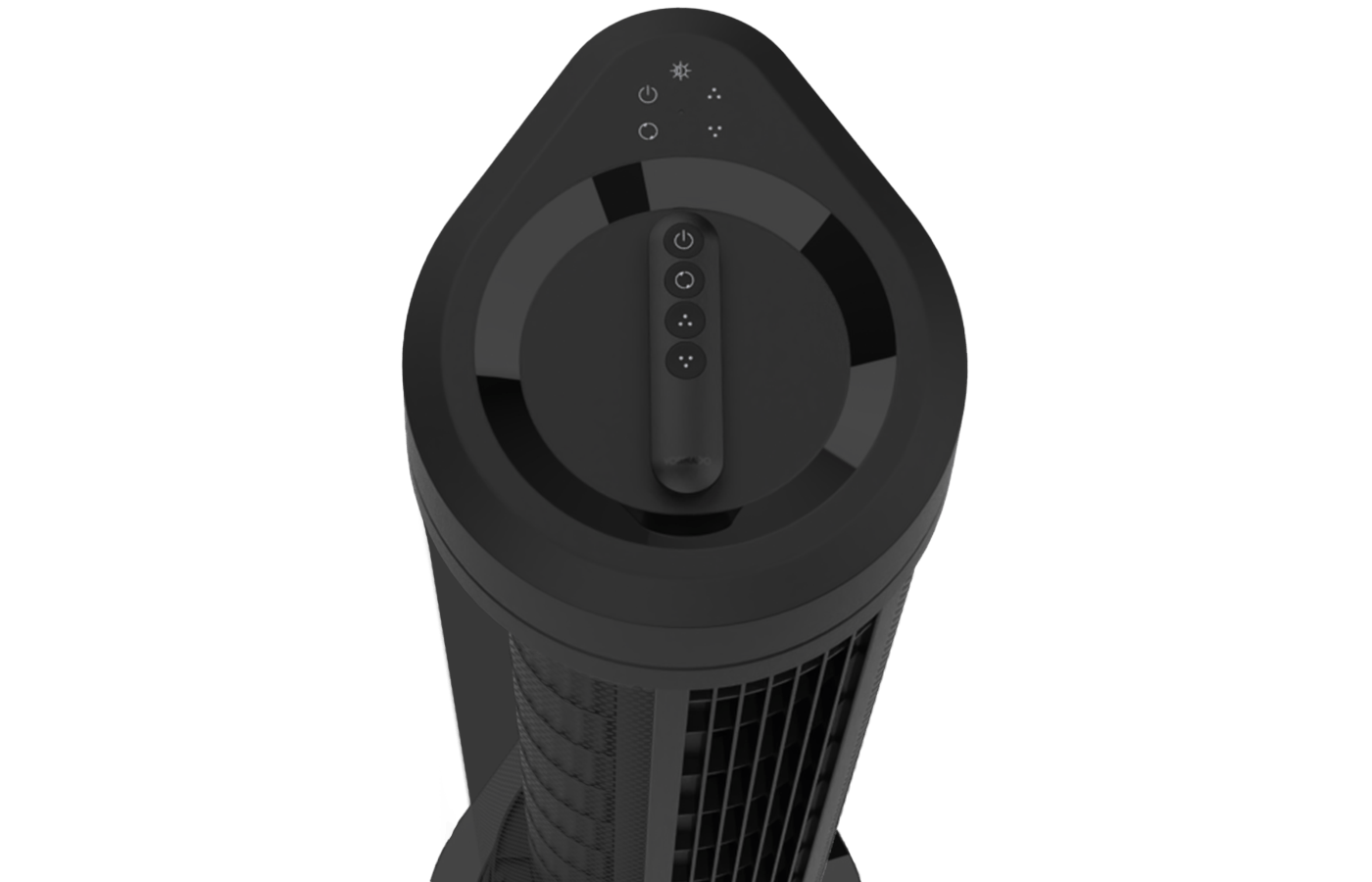 ARA Remote on Top ARA Tower top view with remote sitting in the middle.