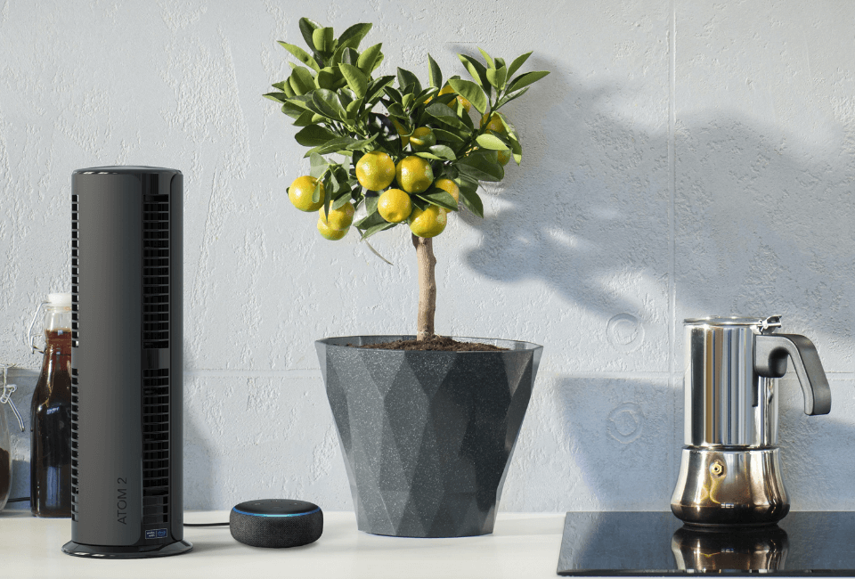 Atom 2S AE Compact Oscillating Tower Circulator on counter Atom 2S AE Compact Oscillating Tower Circulator on counter next to an Alexa device