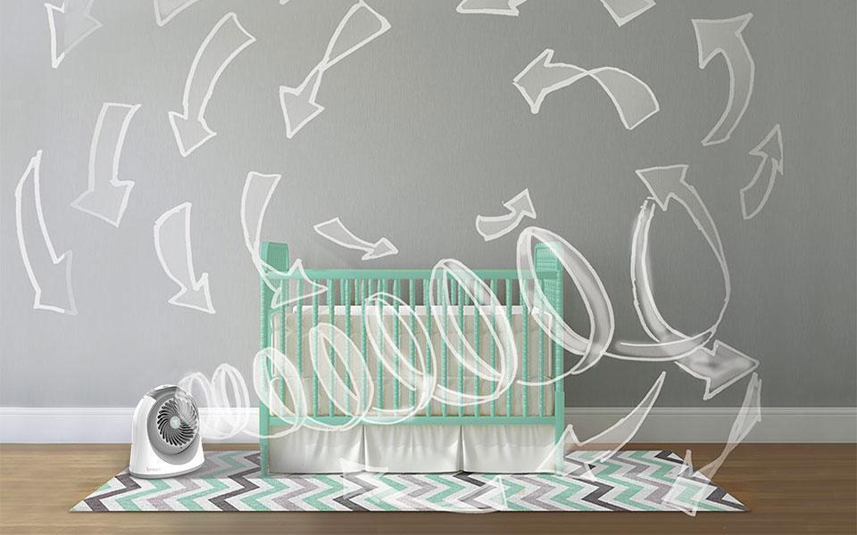 Breesi Circulation Banner Breesi Small Nursery Air Circulator in a nursery by a crib. Pale white arrows are drawn throughout the room to indicate circulation pattern