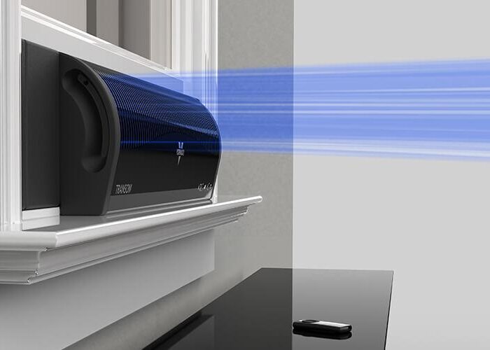 Cool air in transom win Image of Transom window fan. Blue lines are coming out, indicating it is cycling cool air into the room.