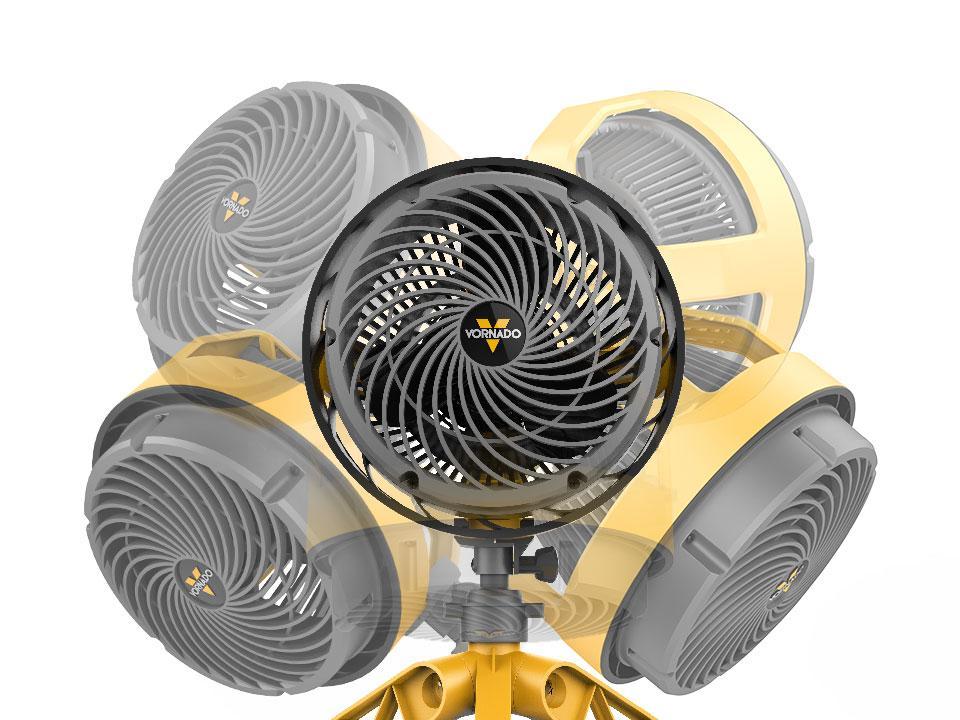 EXO5 Banner Swivel Example of EXO5 heavy duty small air circulator showing the different ways the head can pivot and tilt.