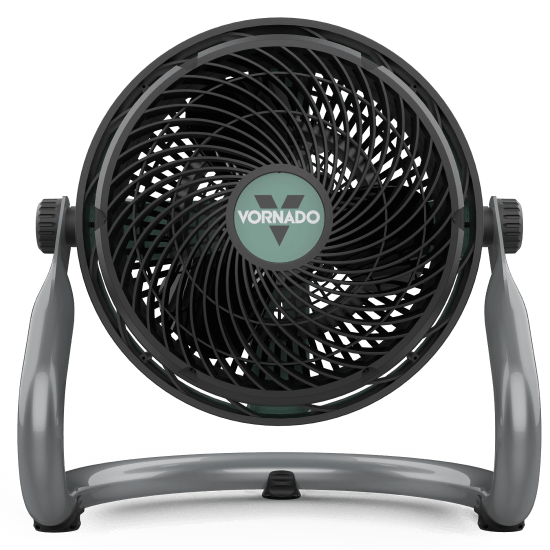 EXO61 HD Fan Front facing image of the EXO61 HD Fan. The fan is circular with a black grill and dark fan blades. In the center is a mint green circle with a black and white vornado logo. The fan is supported by a steel base that is attached the the sides.
