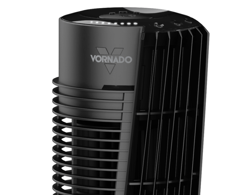 OSC54 Tower Warranty 2024 Close up image of OSC54 Tower fan's top section. The tower fan is black with the Vornado logo