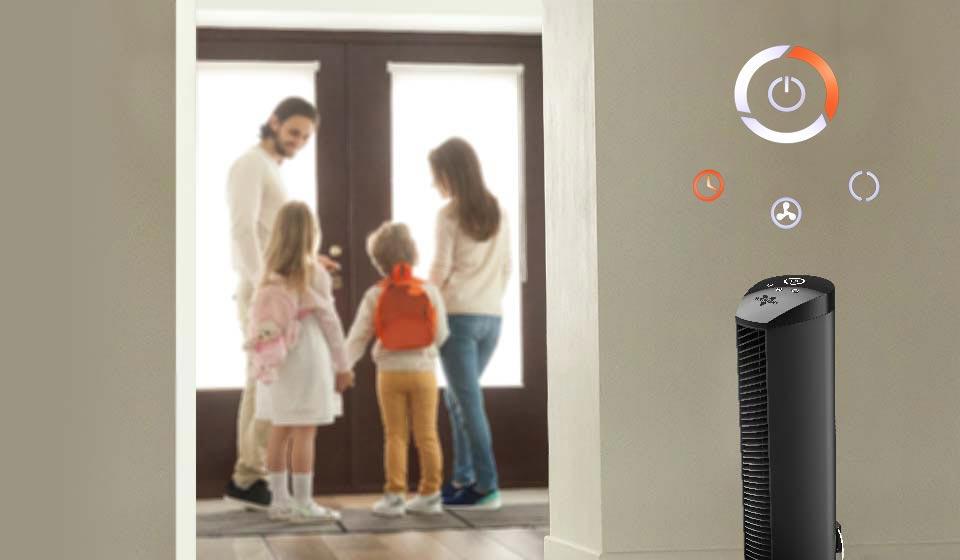 OSCR32 Controls lifestyle of OSCR32 Oscillating tower circulator in a room with graphics of the controls floating above it. In the background, a family is about the leave the house, indicating that the tower is on a timer and will shut off.