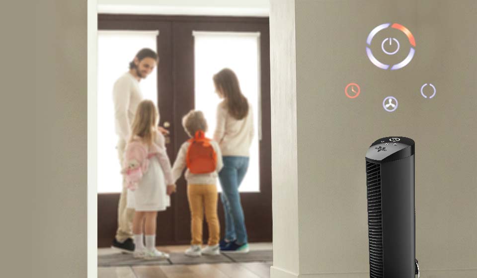 OSCR37 Controls lifestyle of OSCR37 Oscillating tower circulator in a room with graphics of the controls floating above it. In the background, a family is about the leave the house, indicating that the tower is on a timer and will shut off.