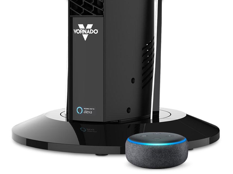 OSCR37 AE Echo Dot OSCR37 AE tower circulator base next to an Alexa Echo Dot
