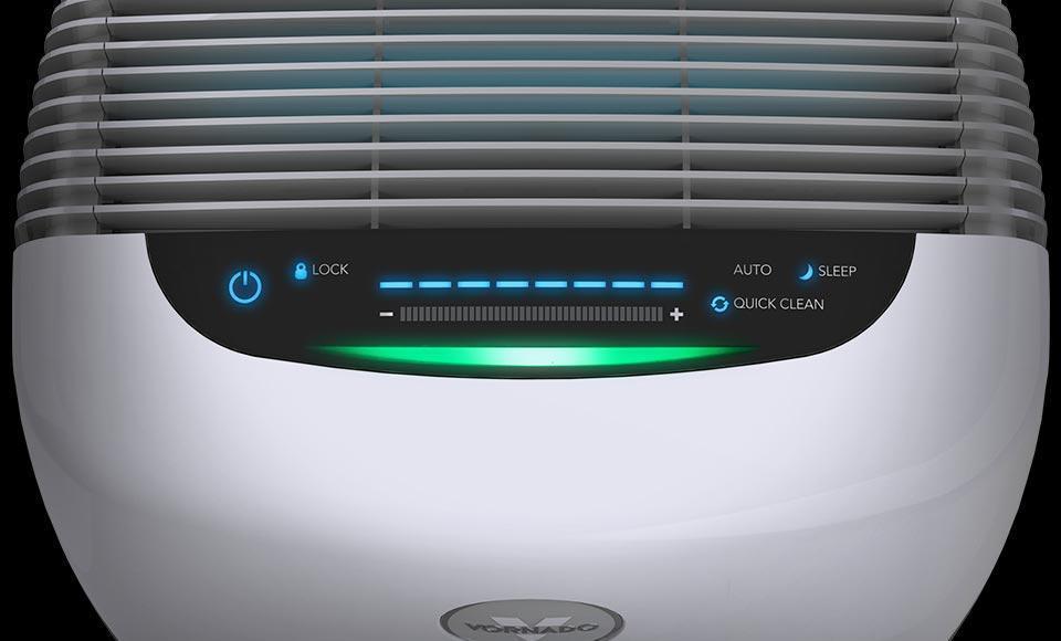 PCO375DC Controls Top of a PCO375DC Energy Smart Air Purifier with Silverscreen and True HEPA Filtration showing the control panel with touch buttons. The left side has a the power button and a lock button. The middle has a plus or minus button combo and to the left, a quick clean button, Auto button, and sleep button