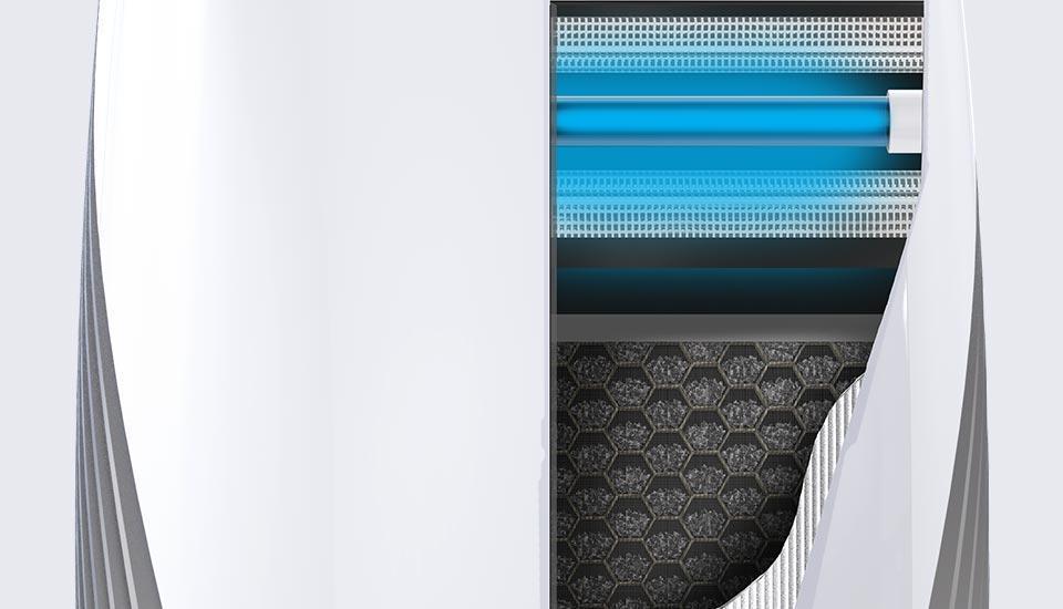 PCODC Beyond HEPA Image of a PC0375DC Air purifier. The left side shows the outer case. The right shows the inside filters with a blue glow to indicate the filtration process is working.