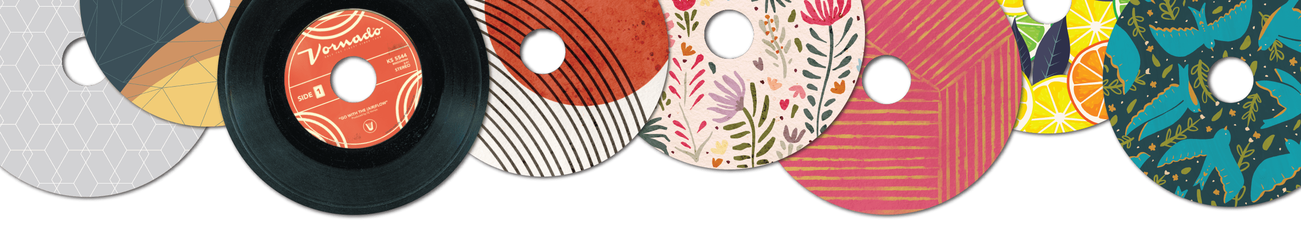 Pivot3U Discs Banner Pivot3U Compact Air Circulator Discs Banner showing off various art styles from birds, lemons, geometric design, and a vinyl record.