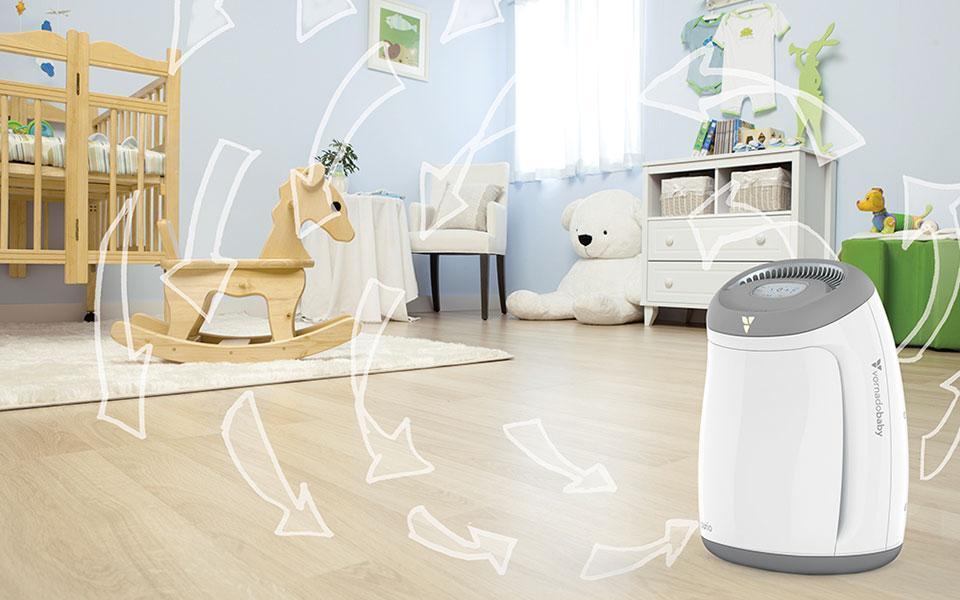 Purio Seasons Purification Banner Lifestyle of a Purio Nursery Air purifier with white arrows indicating circulation