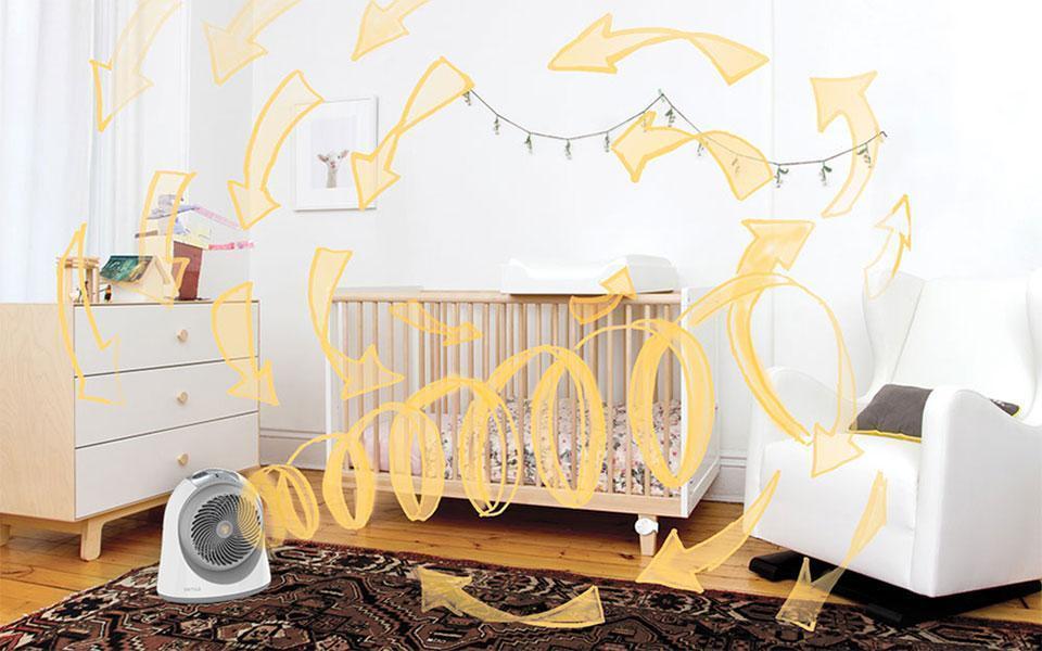 Sensa Circulation Banner Lifestyle of Sensa Sensa Sensing nursery heater in a nursery by a crib. Pale yellow arrows are drawn throughout the room to indicate circulation pattern