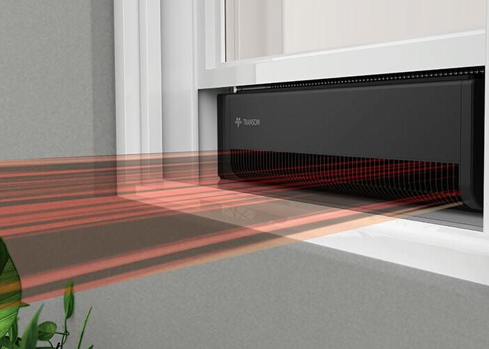 Stale air out transom win Image of Transom window fan. Red lines are coming out, indicating it is removing stale air from the room.