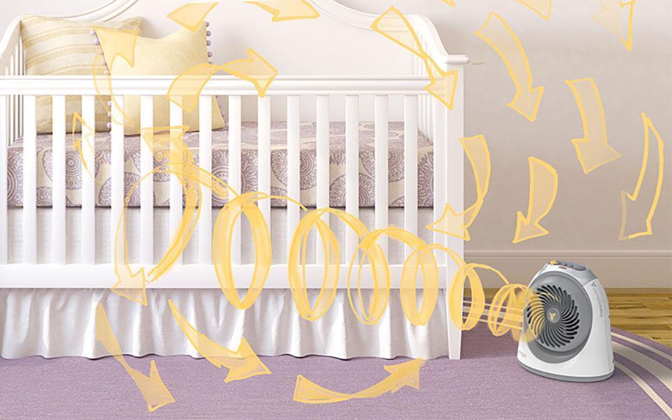 Tempa Circulation Banner Tempa Small Nursery heater in a nursery by a crib. Pale orange arrows are drawn throughout the room to indicate circulation pattern