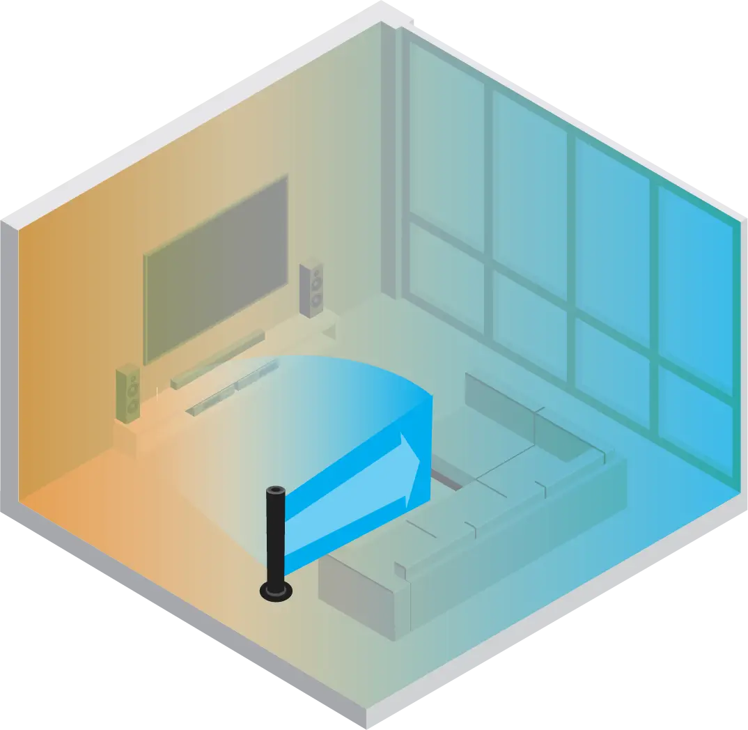 tower fan oscillate Graphic showing a black Vornado tower fan oscillation with a orange-blue gradient in the room