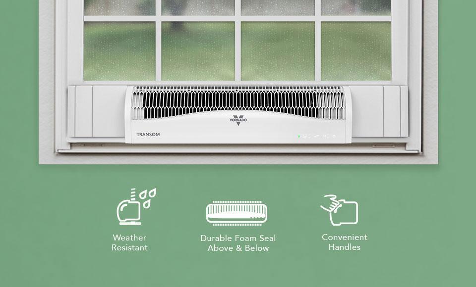 Transom Rain Shine Product Banner A white Transom window air circulator. Underneath it are 3 white icons. The left icon says Weather Resistant, the middle icon says Durable Foam Seal Above & Below, the right icon says Convient Handles. All three icons have a supporting image above them.