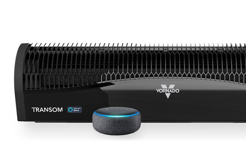 TransomAE Echo TransomAE Window Air Circulator with an Amazon Echo in front of it.