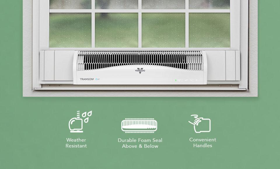 TransomAE Rain Shine Product Banner TransomAE Air Circulator in a window with raindrops. Below is the following text with supporting icons, all in white: Weather Resistant, Durable Foam Seal Above & Below, Convenient Handles