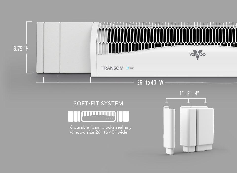 TransomAE Window Sizes Modular Blocks Product Banner Infographic of TransomAE Window showing Modular Blocks sizes of 1", 2", and 4". It also lists Transforms 6.75" height and a width of 26" to 40". There is a Soft-Fit System icon with the supporting text: 6 durable foam blocks seal any window size 26" to 40" wide.