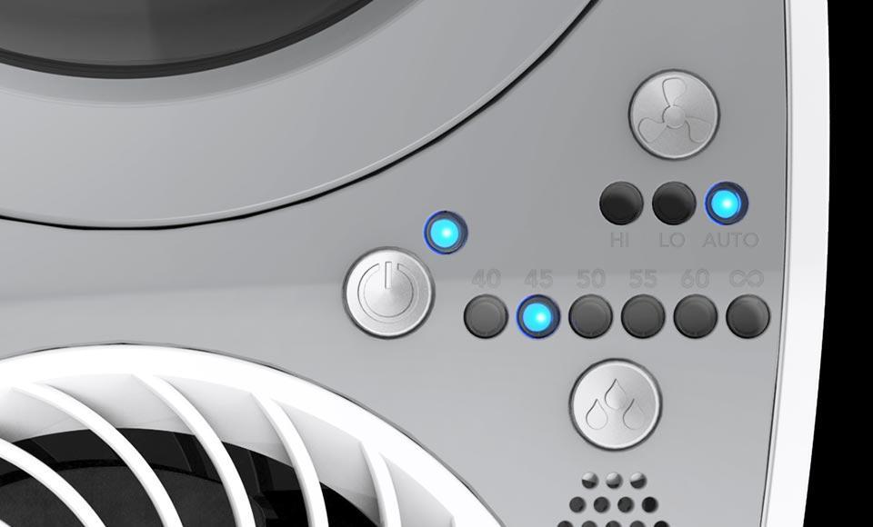 UH100 Control Banner Close up shot of UH100 Humidifier's Control panel. There are several push buttons including the power button, a fan button with HI, LO and Auto options, and a Humidity button the options 40, 45, 50, 55, 60, and a loop. There are blue light up buttons for each section to indicate what choice is being used.