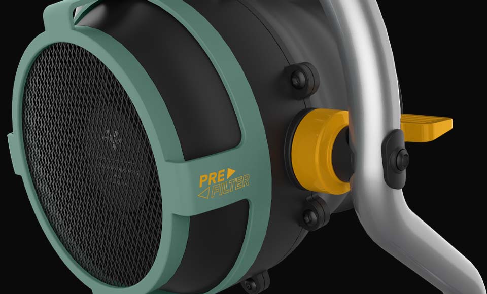 VelHD Prefilter Close up of Velocity HD Garage Heater's side, showing off the text Pre Filter