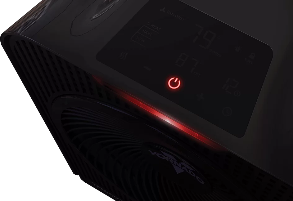 Velocity 5 Nighttime Banner Velocity 5 Whole room heater power button lit up in red