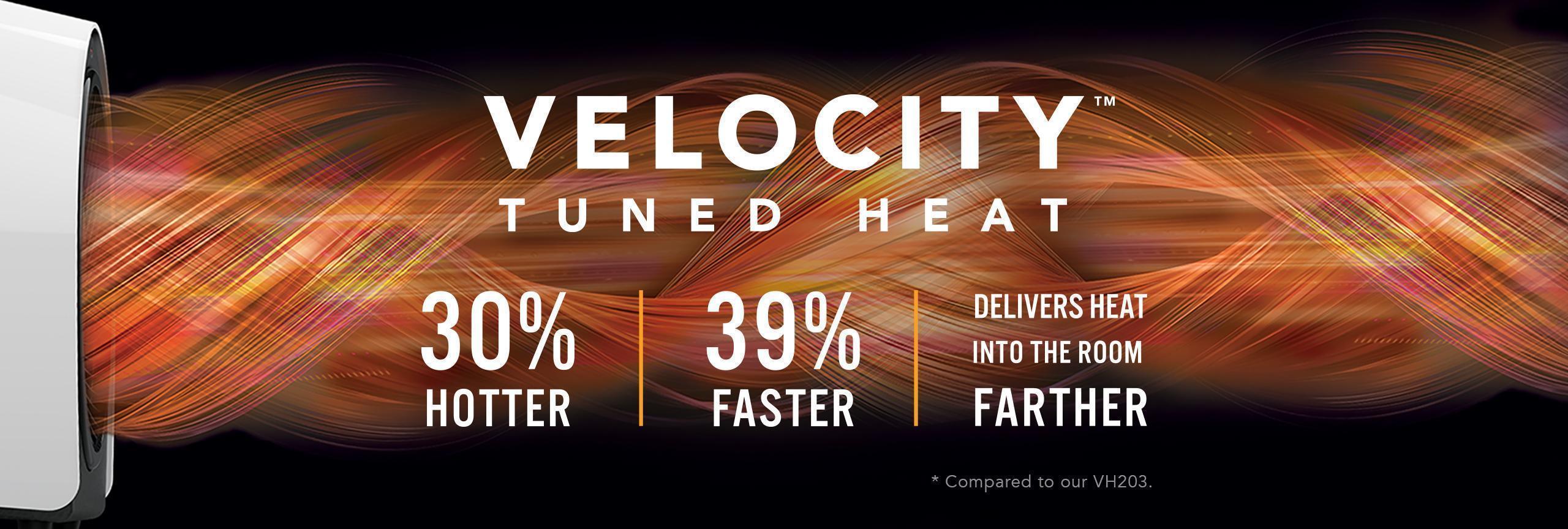 Velocity 1R White Web Banner Velocity Tuned Heat Graphic banner of a Velocity 1R personal heater blowing out hot air indicated by orange and red swirls. The banner says Velocity Tuned Heat 30% Hotter, 39% Faster Delivers Heat Into the Room Farther *compared to our VH203