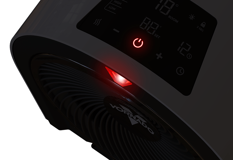 Velocity 5r web banner kight Top view of a black Velocity 5r heater's control panel. The power button is lit up red.