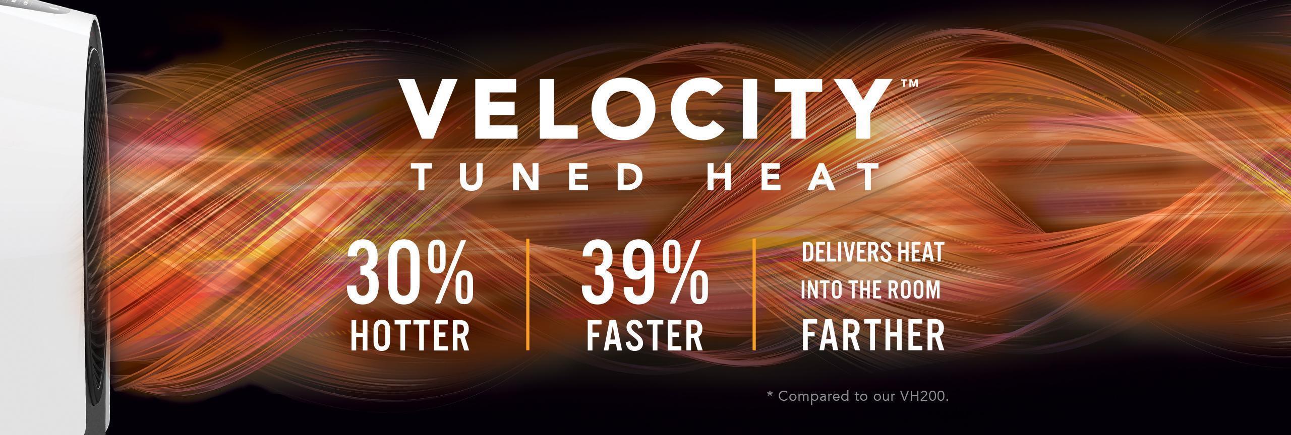 Velocity 5r white web banner velocity tuned heat graphic banner of a Velocity 5r heater blowing out hot air indicated by orange and red swirls. The banner says Velocity Tuned Heat 30% Hotter, 39% Faster Delivers Heat Into the Room Farther *compared to our VH200