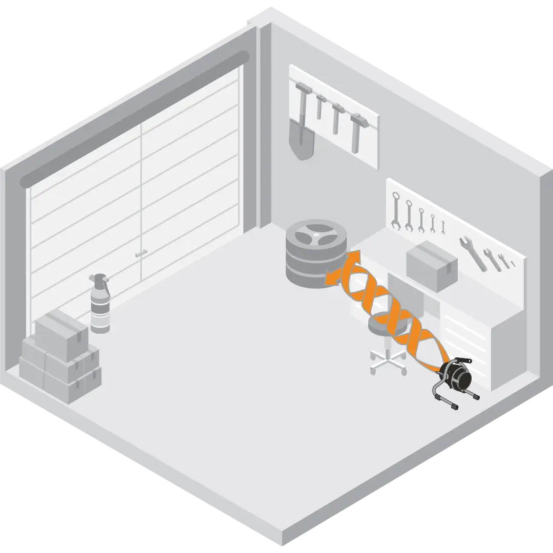 velocity HD whole room circulation Graphic showing a white Vornado velocity heater hd whole room circulation with orange arrows showing the air circulation in a room in a garage.