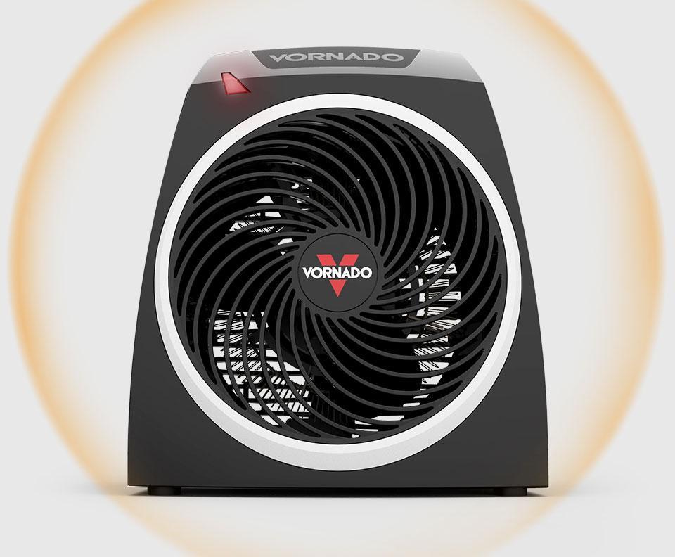 VH5 Web Banner Personal Comfort VH5 VH5 Personal Heater with an blurred orange circular outline to indicate a personal comfort zone