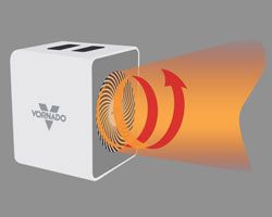 vmh precise heat Icon showing the heat circulation of vmh500 whole room steel heater with an orange wave and a curling red arrow