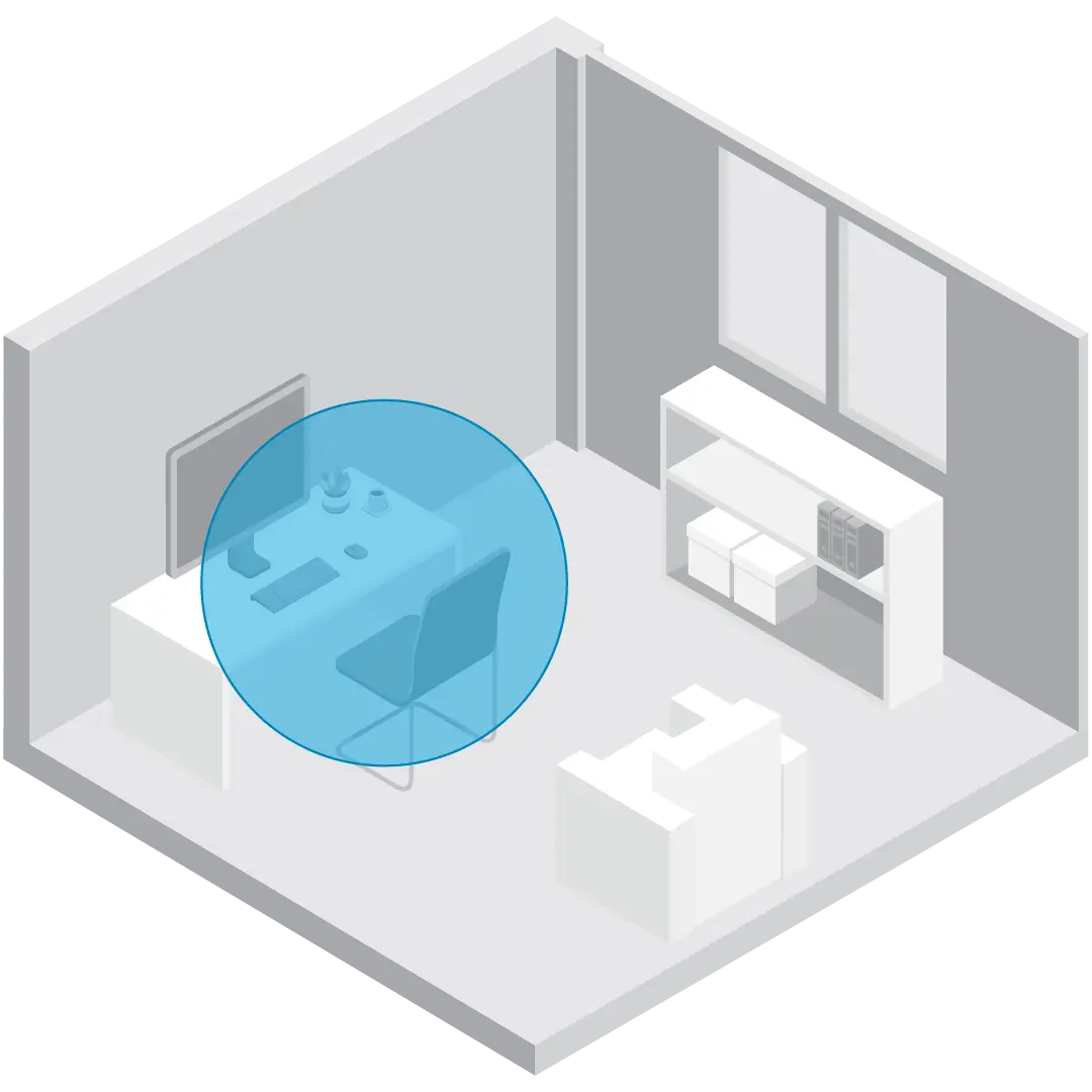 Vornado Personal Fan Circulation air circulation A graphic showing a Vornado Personal Fan air circulation area with a blue circle in a room