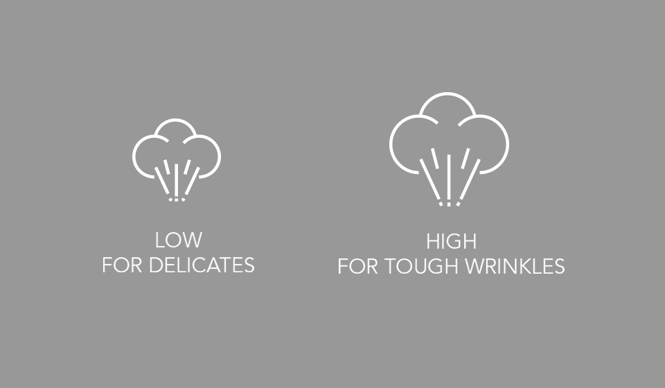 VS 570 Steam Settings Steam Settings icon with the text Low for Delicates and High for Tough Wrinkles
