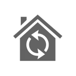 WholeHomeComfort icon Whole Home Comfort icon. It is a grey house with two white circular arrows to indicate circulation.